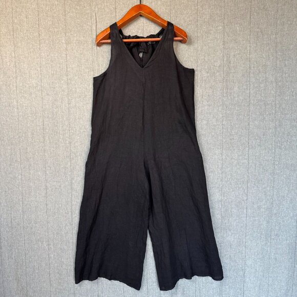 MEO MELI 100% Black Linen V Collar Racer Back Tie Wide Leg Jumpsuit One Size - Picture 1 of 13